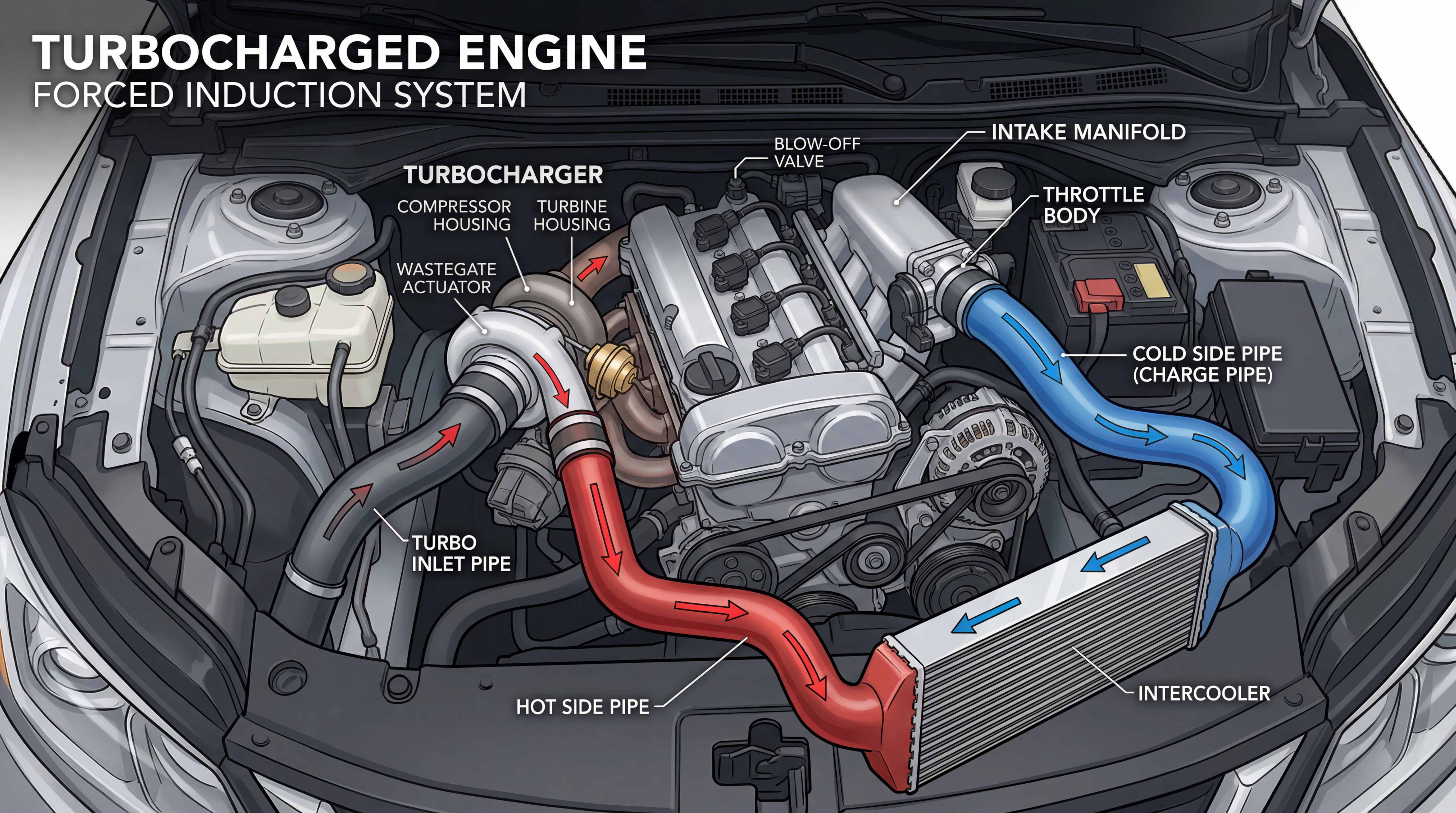 Turbocharged engine forced induction diagram showing turbo inlet pipe, hot side pipe, intercooler, cold side pipe and charge pipe